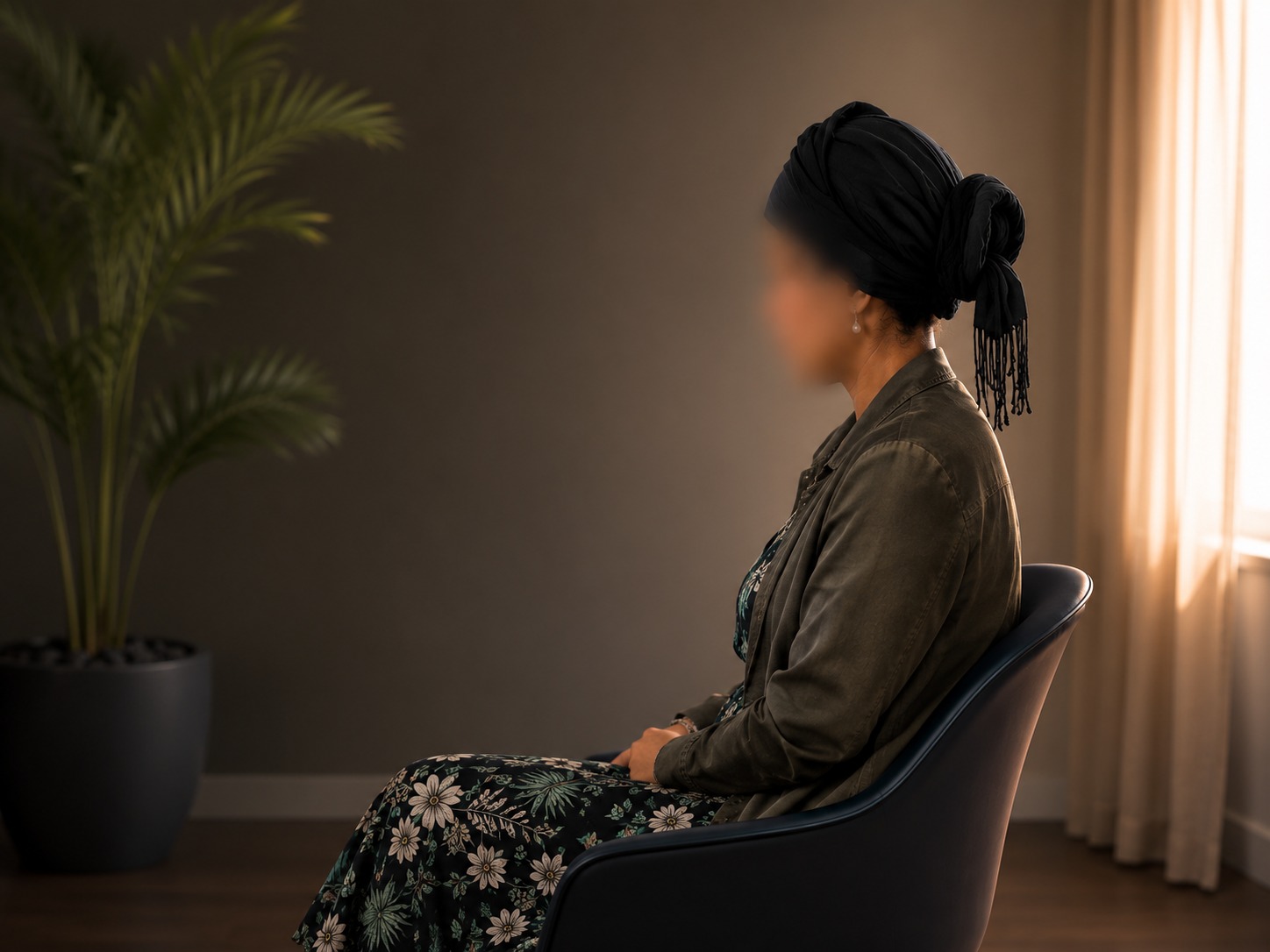 Rivka, de profil, visage flouté pour préserver son anonymat